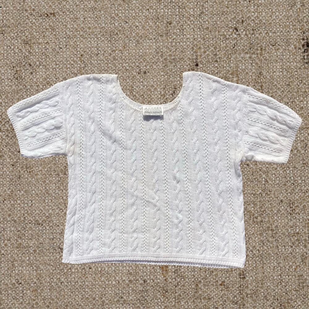 Vtg 80s 90s cotton white cable knit short sleeve sweater, preppy academia twee
